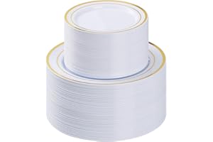 BESTVIP 200PCS Gold Plastic Plate, Disposable Party Plates with 100 Dinner Plates and 100 Dessert Plates, Plastic Plates for Party, Wedding and Birthday