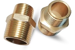 DRINSALYS Brass 1/2” x 3/8” NPT Male Threaded Reducing Nipple Pipe Fitting Adapter, Heavy Duty Brass Hex Nipple Reducer Straight Connector, Reduce Pipe Adapter (2pcs,1/2”-3/8”)