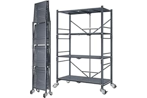 SNTD Folding Storage Shelves Metal Garage Shelving - 4 Tier Heavy Duty Foldable Shelf with Wheels, Grey