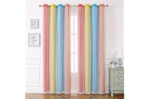 Azurehop Double Layer Star Rainbow Curtains, Kids Nursery Blackout Princess Curtains, Grommet Top Curtains 63 Inches Long 2 P