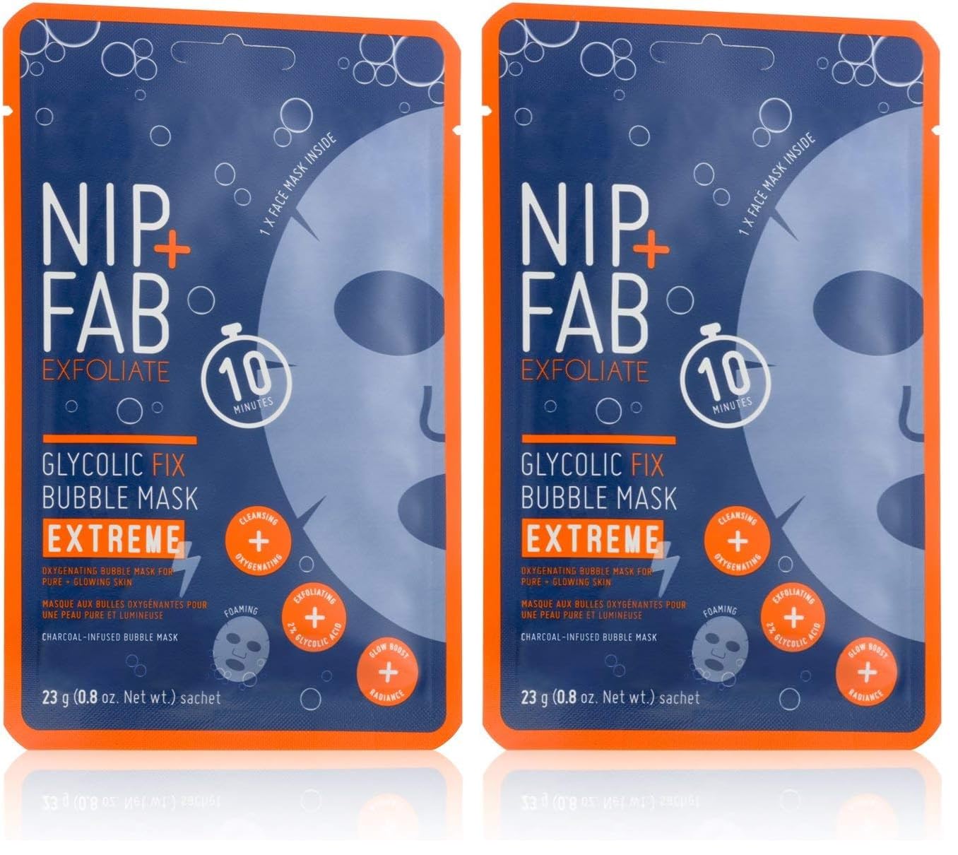 Nip + Fab Glycolic Acid Fix Extreme Bubble Sheet Mask for Face with 2% Glycolic Acid, Hyaluronic Acid and Charcoal, Exfoliating Resurfacing AHA Cleansing Facial Mask, 23 Gram (Pack of 2)
