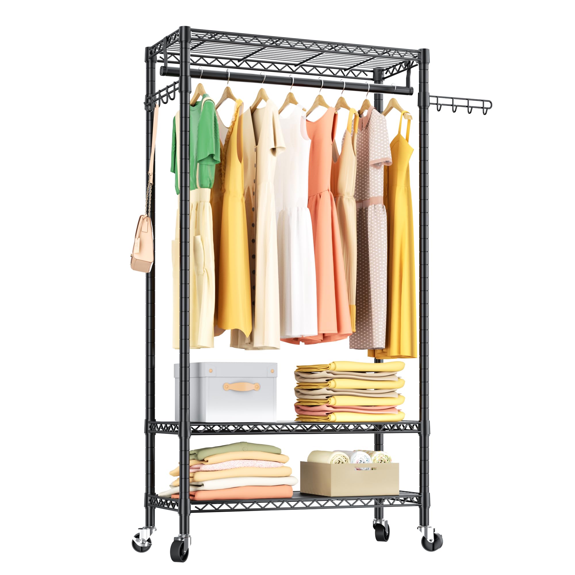 Heavy Duty Clothes Rack Rolling Garment Rack,3 Tier Adjustable Wire ...