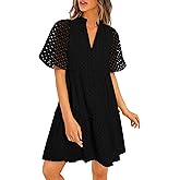 PRETTYGARDEN Eyelet Dresses for Women 2026 Summer Short Sleeve V Neck Hollow Out Ruffle A Line Boho Beach Vacation Mini Dress