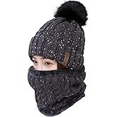 LCZTN Womens Pom Beanie Hat Scarf Set Girls Cute Winter Ski Hat Slouchy Knit Skull Cap with Fleece Lined