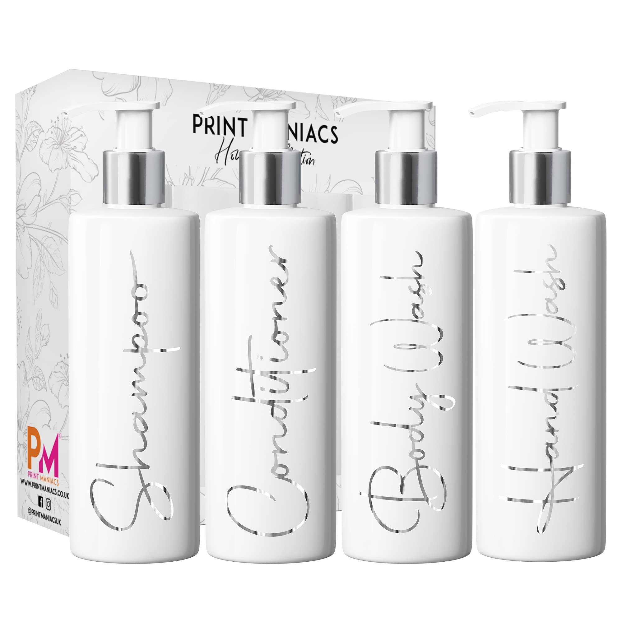 Print Maniacs White Mrs Hinch Inspired Personalised 500ml Pump Bottles Bathroom Lotion Kitchen Set Shampoo Conditioner (Hand Wash Set, F2) (Silver)