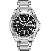 Citizen Men's Eco-Drive Weekender Garrison Field Watch in Stainless Steel, Black Dial, Arabic Markers, Luminous, 43mm (Model: AW0050-82E)