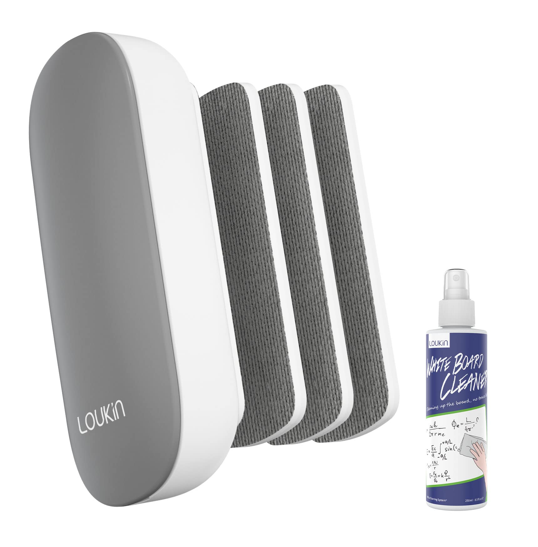 loukin Replaceable Dry Erase Eraser, Magnetic Whiteboard Eraser with 3 Replaceable Felt Pads, 4-in-1 Glass Whiteboard Erasers(Gray), Includes 3.4oz Whiteboard Cleaner