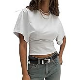 Womens Wide Short Sleeve Y2k Shirts Summer Going Out Grunge Tops Cinched Waist T Shirt Fitted Casual Cropped Top