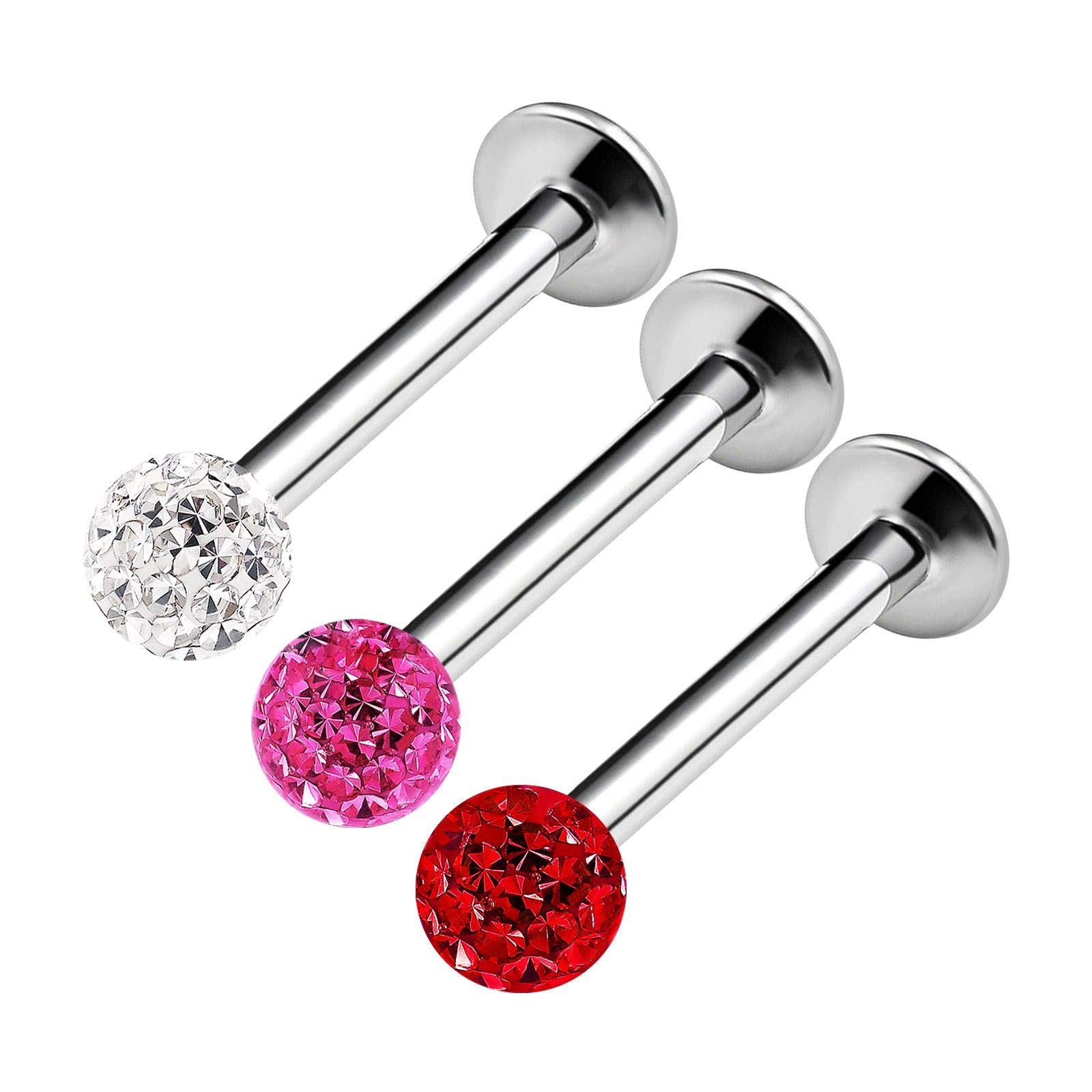 KJM FASHION 3PCS Stainless Steel Labret Lip Rings 16 Gauge 3/8 10mm 3mm Crystal Ball Medusa Tragus Earring Monroe Piercing Jewellery 3775