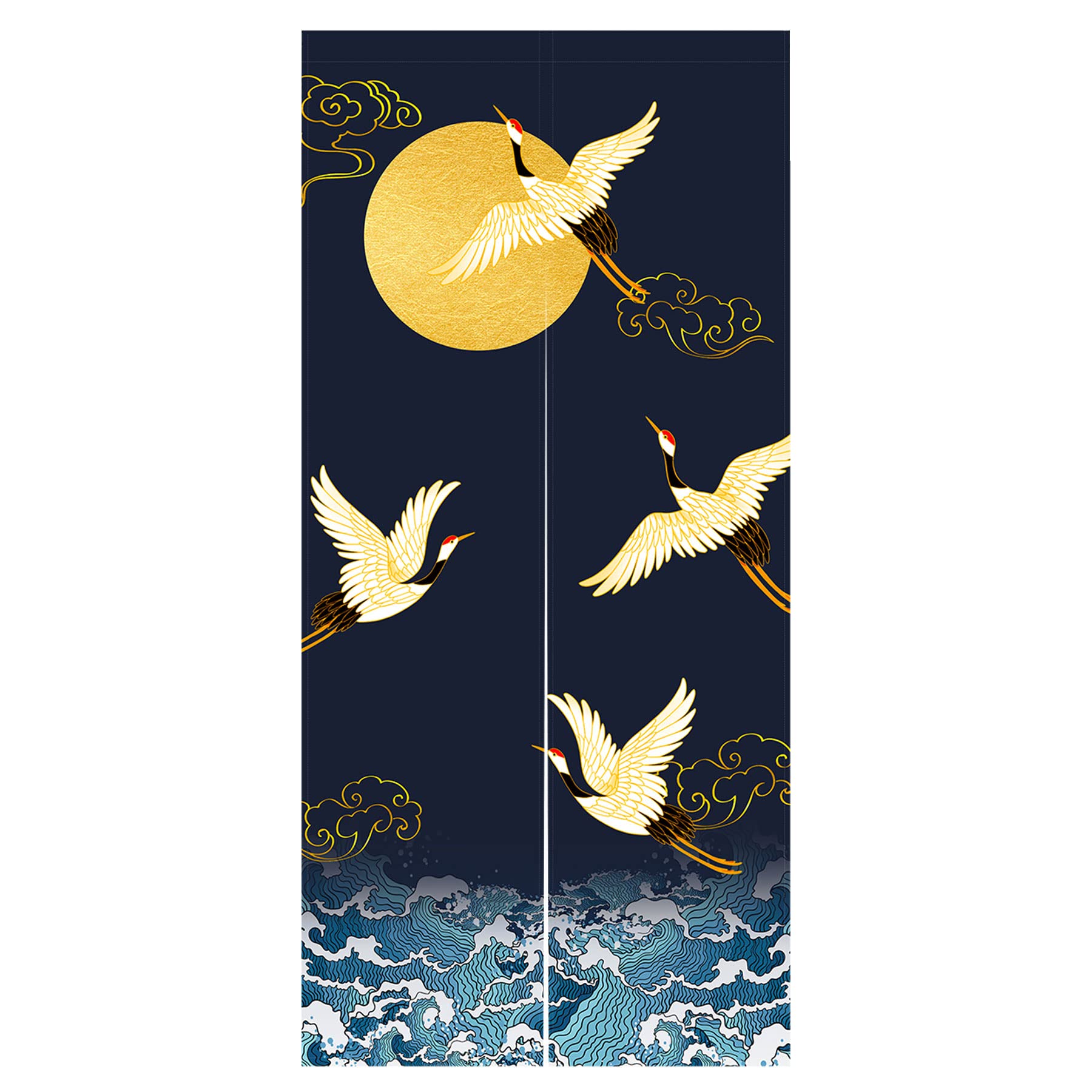 LIGICKY Noren Doorway Curtain Japanese Style Thickened Cranes Waves Gold Full Moon Printed Cotton Linen Window Treatment Door Tapestry for Home Decoration 85 x 180 cm, Navy Blue(Double Sided Priting)
