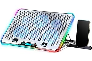 KYOLLY Aluminum Alloy Laptop Cooling Pad，RGB Gaming Laptop Cooler with 6 Quiet Cooling Fans for 15.6-17.3 inch laptops, 9 Height Stand, LCD Screen, 4 USB Ports with 1 3.0HUB 2 2.0HUB, Lap Desk Use