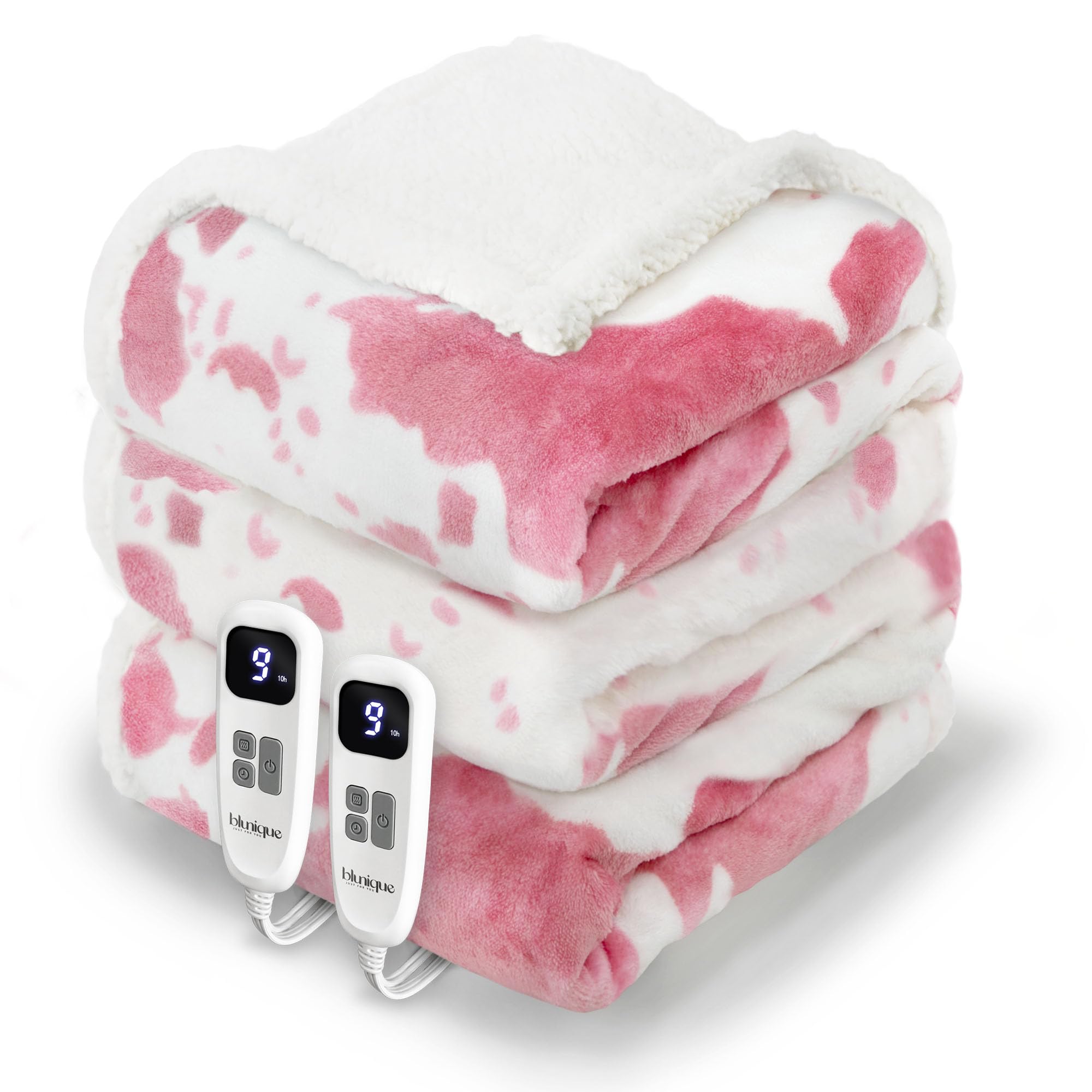 Photo 1 of blunique Cow Print Heated Electric Blanket King Size-Heating Blanket King Size with 10 Heat Levels & 10 Hours Auto-Off, Cozy Soft Fleece Sherpa, Washable, 90x100 Inche Cow Print Pink