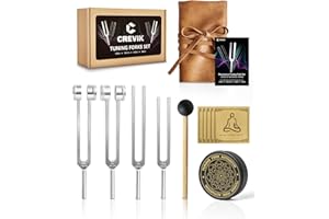 CREVIK Tuning Forks for Healing Set - 128Hz, 136.1Hz, 256Hz, 384Hz Weighted & Unweighted Tuning Fork Kit with Hockey Puck Activator - Chakra Sound Therapy Instruments for Meditation & Yoga in Pouch