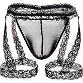 NewBull Men's Panties Lace Underwear Sheer Pouch Thongs with Garters Briefs Lingerie G-String Sexy Jockstrap Underpants