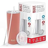 BUILT Double Walled Stainless Steel Tumbler Set with Replacement Lid, 2 Reusable Tritan Wire Straw Cleaning Brush in Gift Box, 20-ounces, Burnt Coral