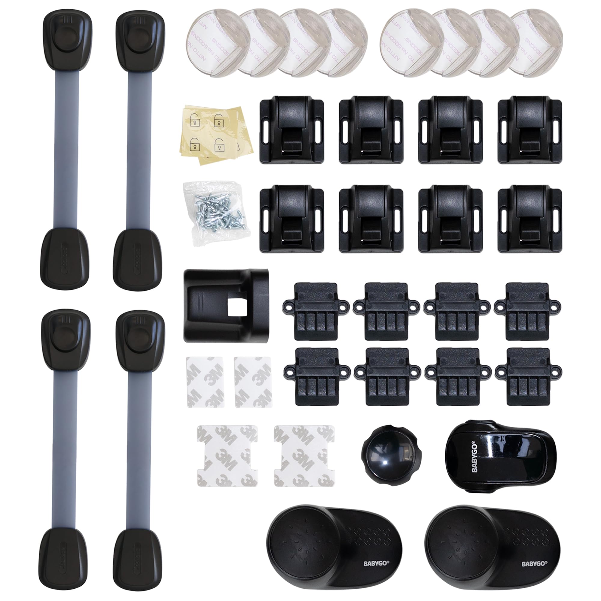 BABYGOยฎ Premium Baby Proofing Kit for Home & Kitchen | Magnetic Child Safety Cupboard Locks | Straps for Fridge Freezer Bin | Oven Guard | Corner Protectors | Door Stoppers | Children Proof Set Black