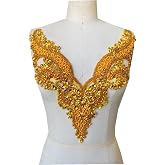 Handmade rhinestones lace applique sew on beads trim patches accessories for dress clothing neckline (Gold)