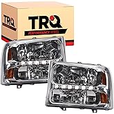 TRQ Performance Driver and Passenger Side Headlight Assembly Set Chrome | For 99-04 Ford F-250 Super Duty 99-04 Ford F-350 Super Duty 00-04 Excursion