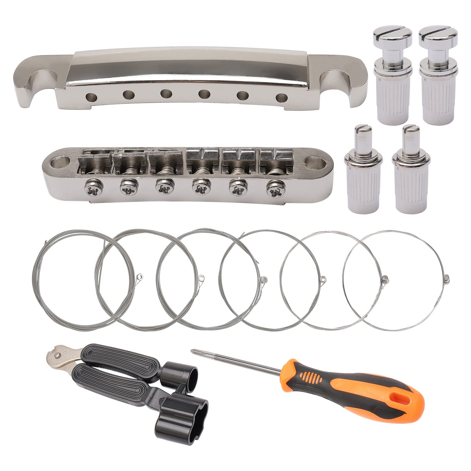 Unxuey Combo Kits 6 String Silver Tune-O-Matic Guitar Bridge Tailpiece for LP Electric Guitar Replacement Parts, Include Guitar Mounting Accessories Strings +String Winder 3 IN 1 +Screwdriver