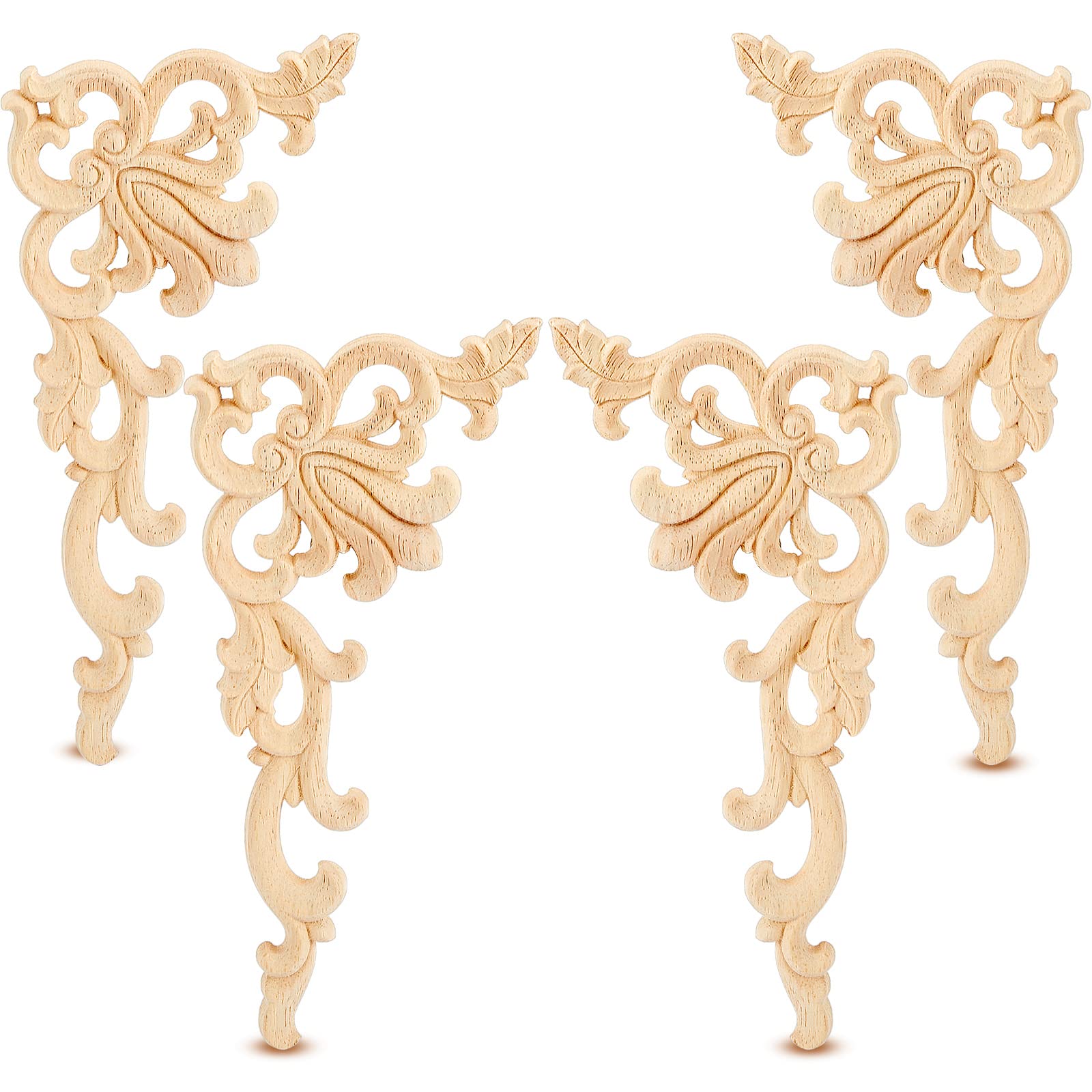 Photo 1 of 4 Pieces Wood Appliques Onlays Decorative Wooden DIY Applique and Onlays for Furniture Unpainted Carved Corner for Cabinet Door Bed Wardrobe Furniture Decoration