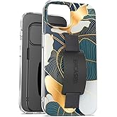 ENCASED Finger Loop Case, Designed for iPhone 15 Pro Max (2023) Hand Strap Cover with Silicone Grip Phone Holder (Blue/Gold Palm Leaf)