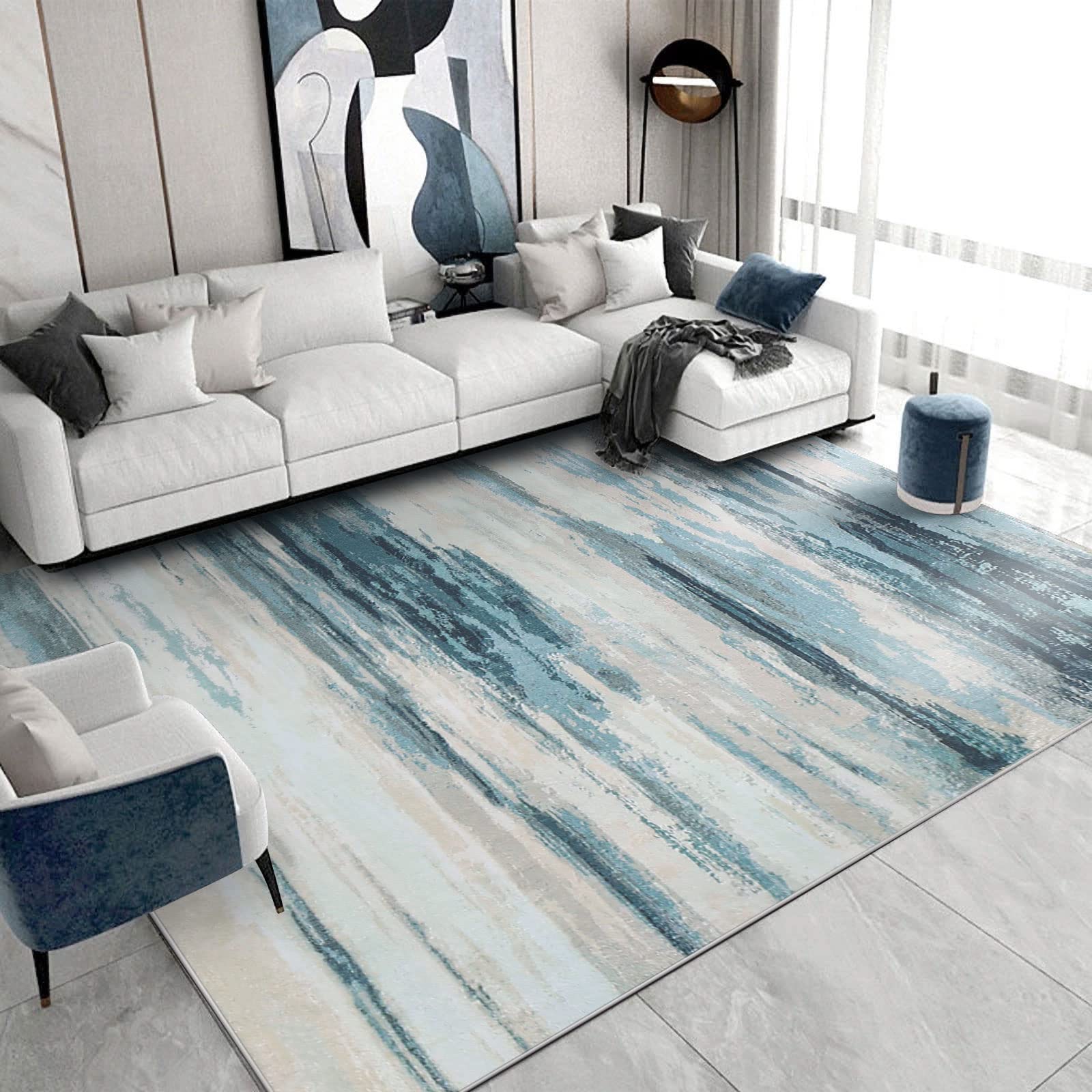 Tinyboy-hbq Rugs Living Room 200x300cm, Modern Soft Rug Bedroom Non Slip Short Pile Blue Large Abstract Area Rugs Carpet Home Decor