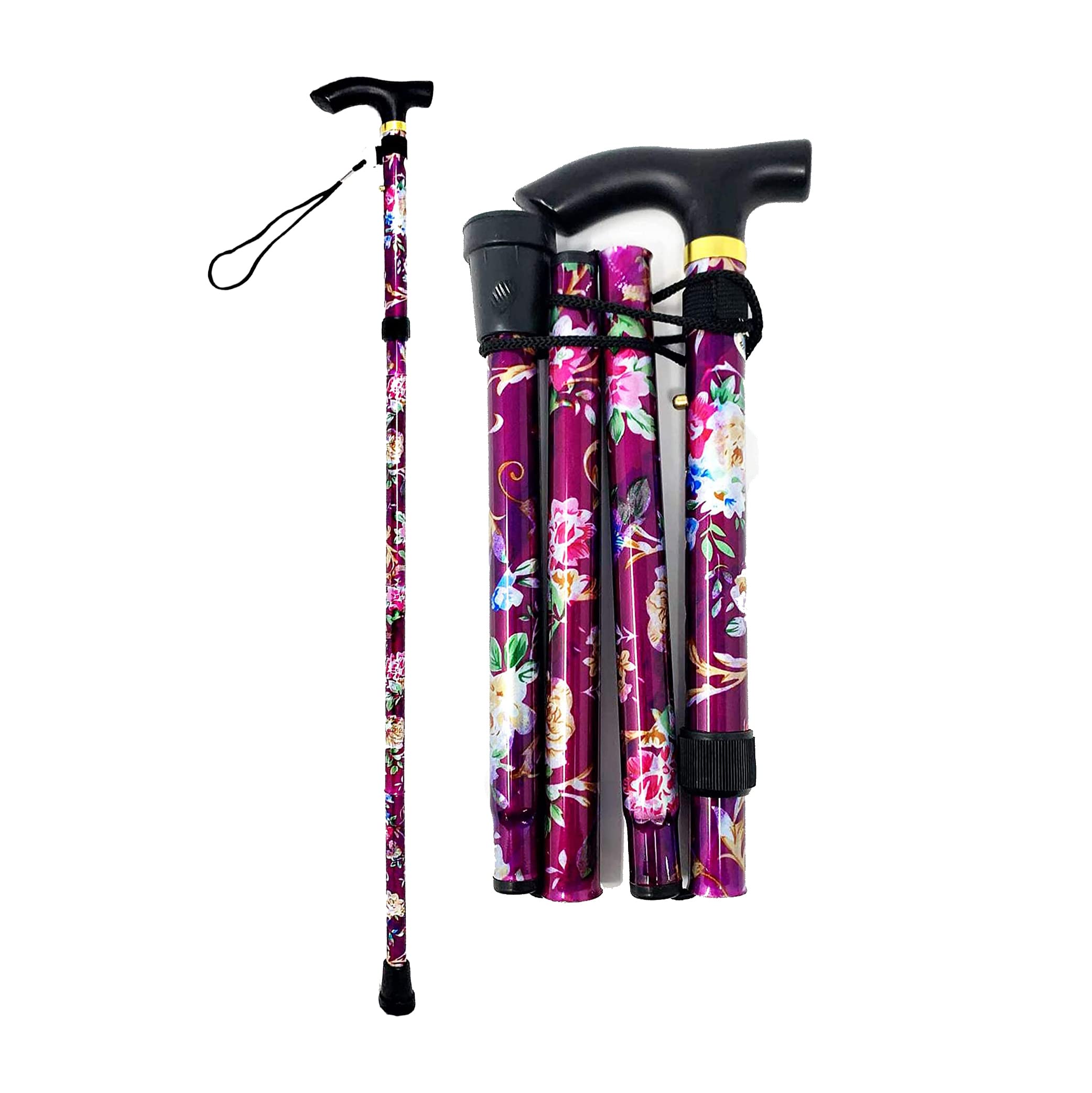 Walking Stick Easy Adjustable Height Folding Extendable Walking Cane Walking Aid Mobility Aid Collapsible Walking Stick Lightweight Flexible And Durable Walking Stick HTUK® (Purple Flower)