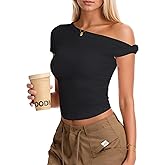 Curvphilo Women Summer Off Shoulder Tops Y2K Going Out T Shirts Double Lined Crop Top Fashion Clothes Trendy Outfits