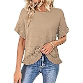 Dokotoo Women’s Short Sleeve Sweaters Oversized Summer Casual Ruffled Hem Knit Pullover Tops Cute Solid Color Crochet Blouses