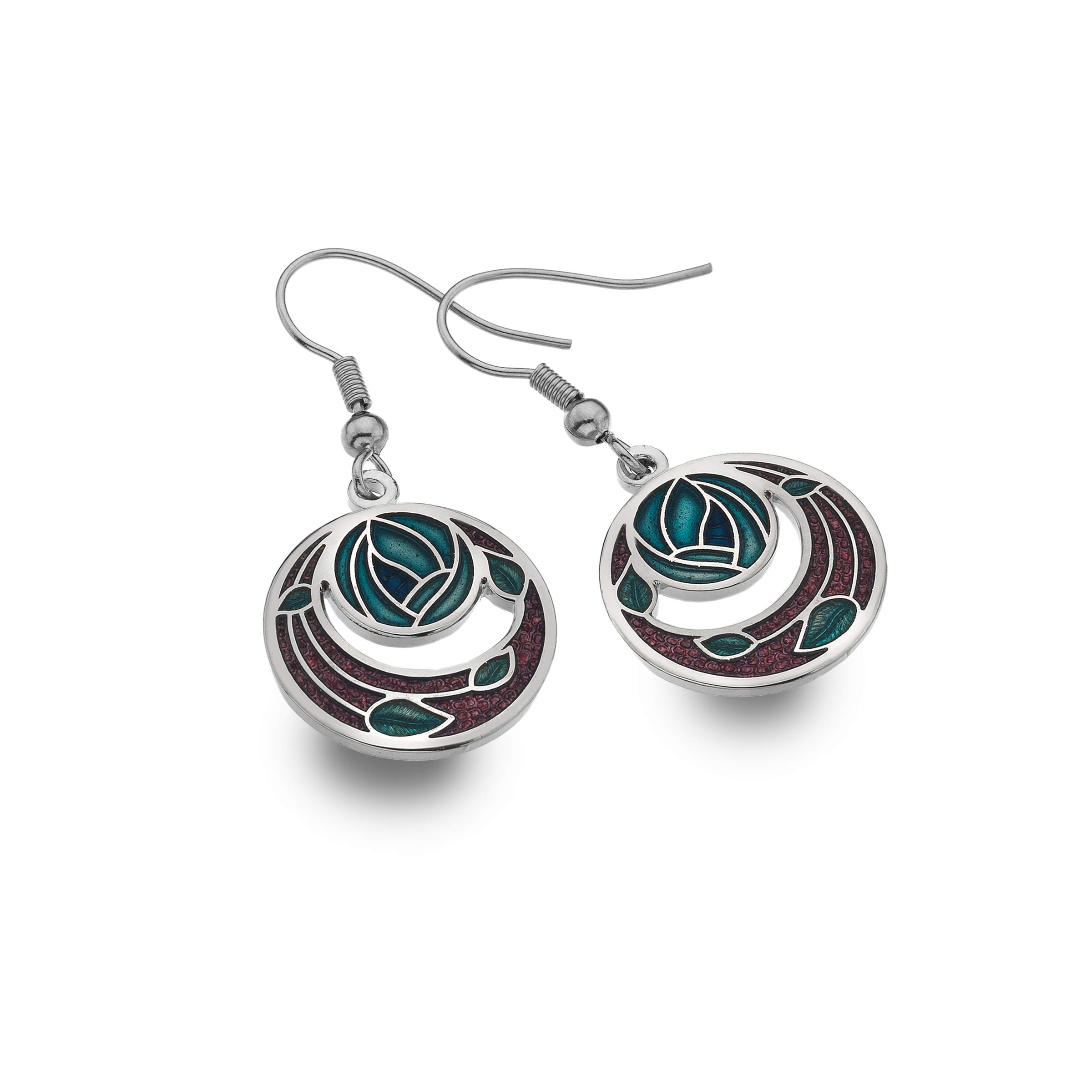 Rennie Mackintosh Inspired Rose and Coils 20mm Hook Earrings (Mauve/Turquoise)