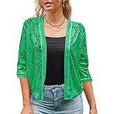 Xunger Women’s 3/4 Sleeve Lace Cardigan Casual Open Front Floral Lace Shrug Summer Cover Up