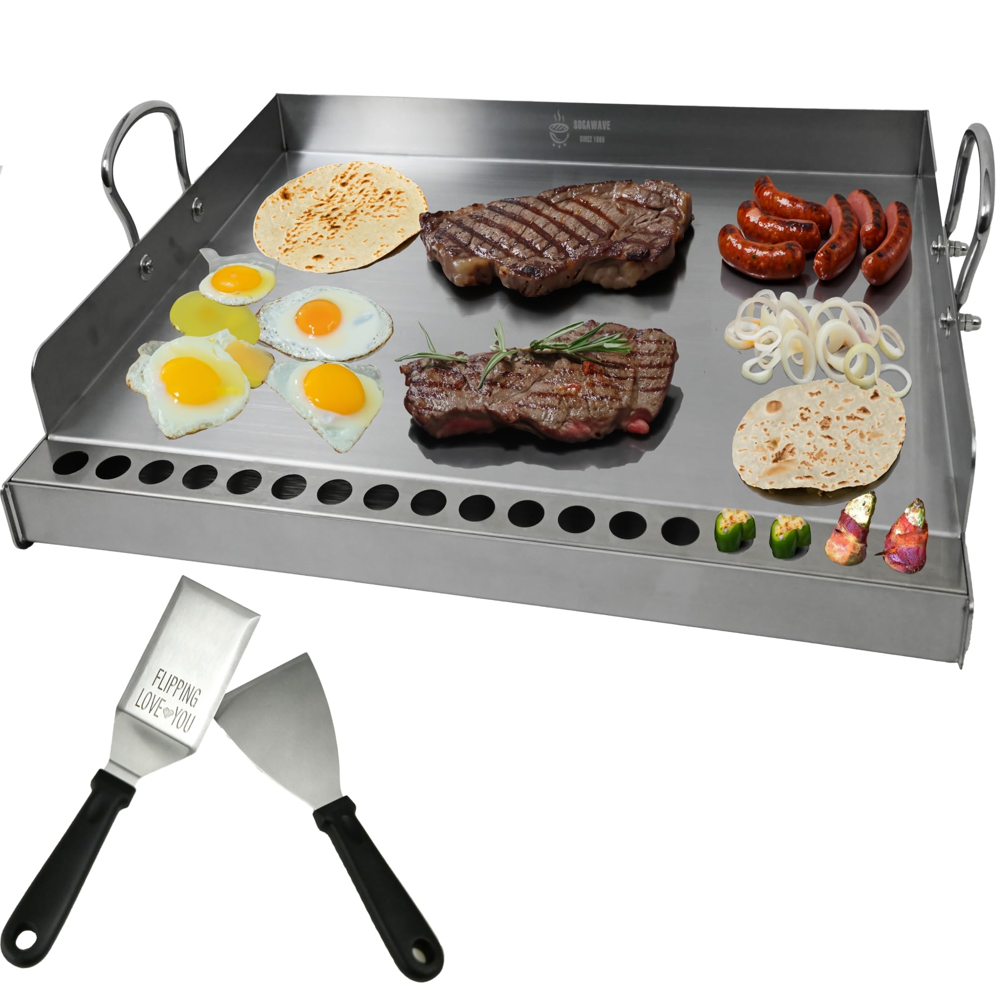 Photo 1 of 24X16 Inch Stainless Steel Flat Top Grill Plate with Built-in Jalapeño Rack,Flat Top Griddle Plate with BBQ Scraper, Spatula for Gas and Charcoal Grills