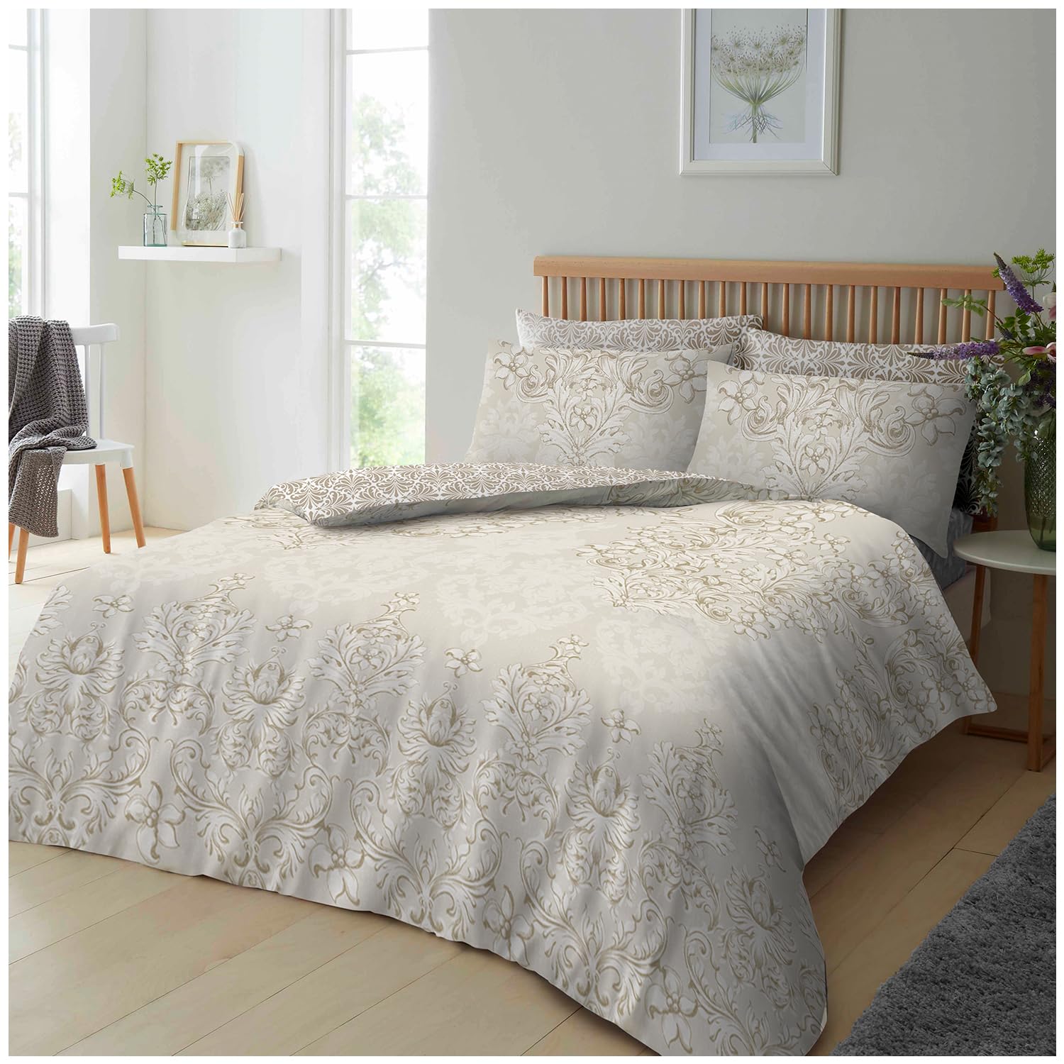 GC GAVENO CAVAILIA Cosy Floral Duvet Cover Set | Soft Cotton Blend Bedding with Matching Pillowcases | Lightweight & Easy Care Bed Cover Set | Kingsize 230x220cm Bedset - Natural