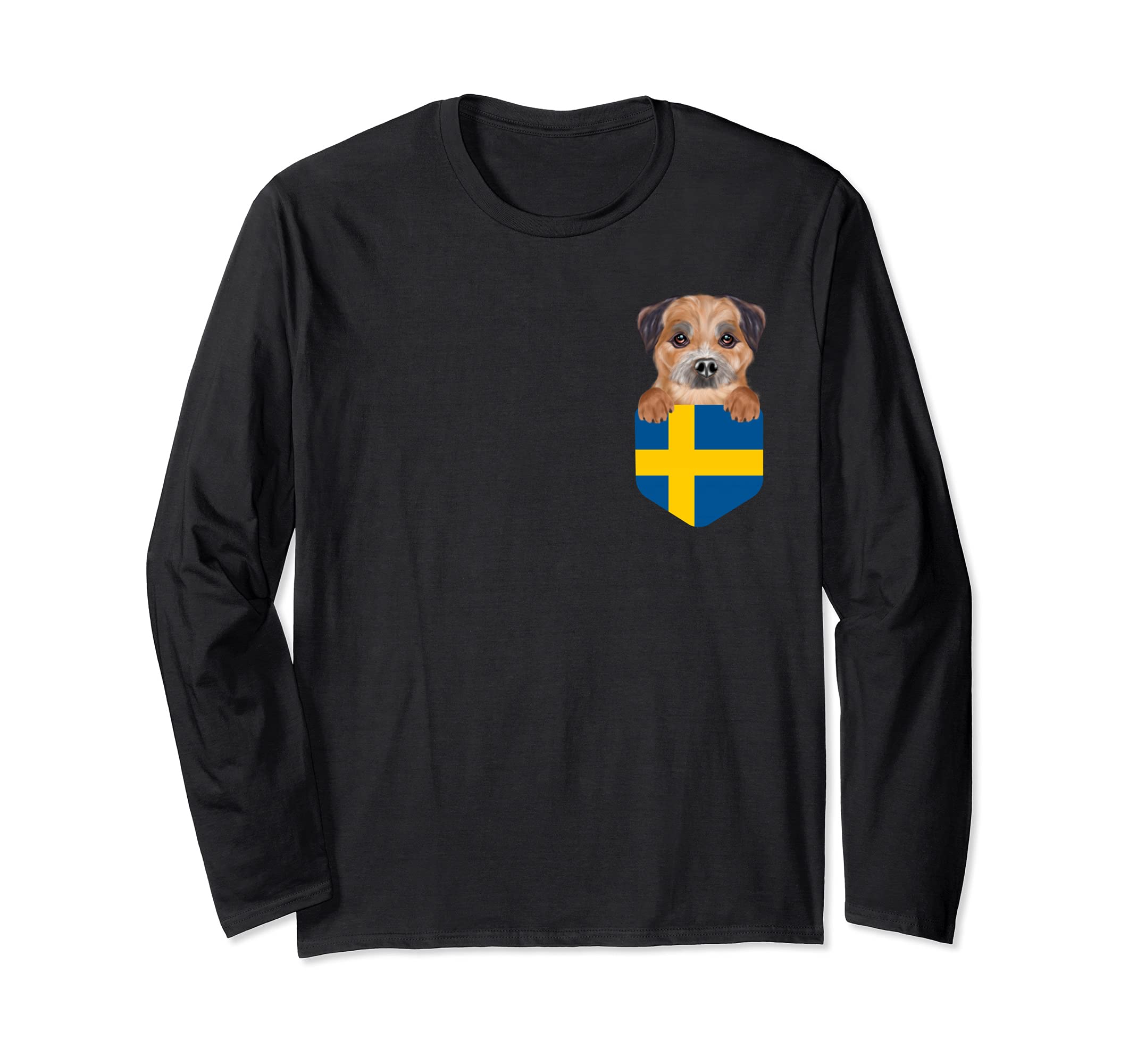 Sweden Flag Border Terrier Dog In Pocket Long Sleeve T-Shirt