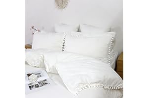 Softta Boho Twin Size 3Pcs Duvet Cover Set 100% Washed Cotton Bedding Set White Vintage White Pom-pom Lightweight Aesthetic for Girls Bedding Set 100% Washed Cotton Bedding Collection