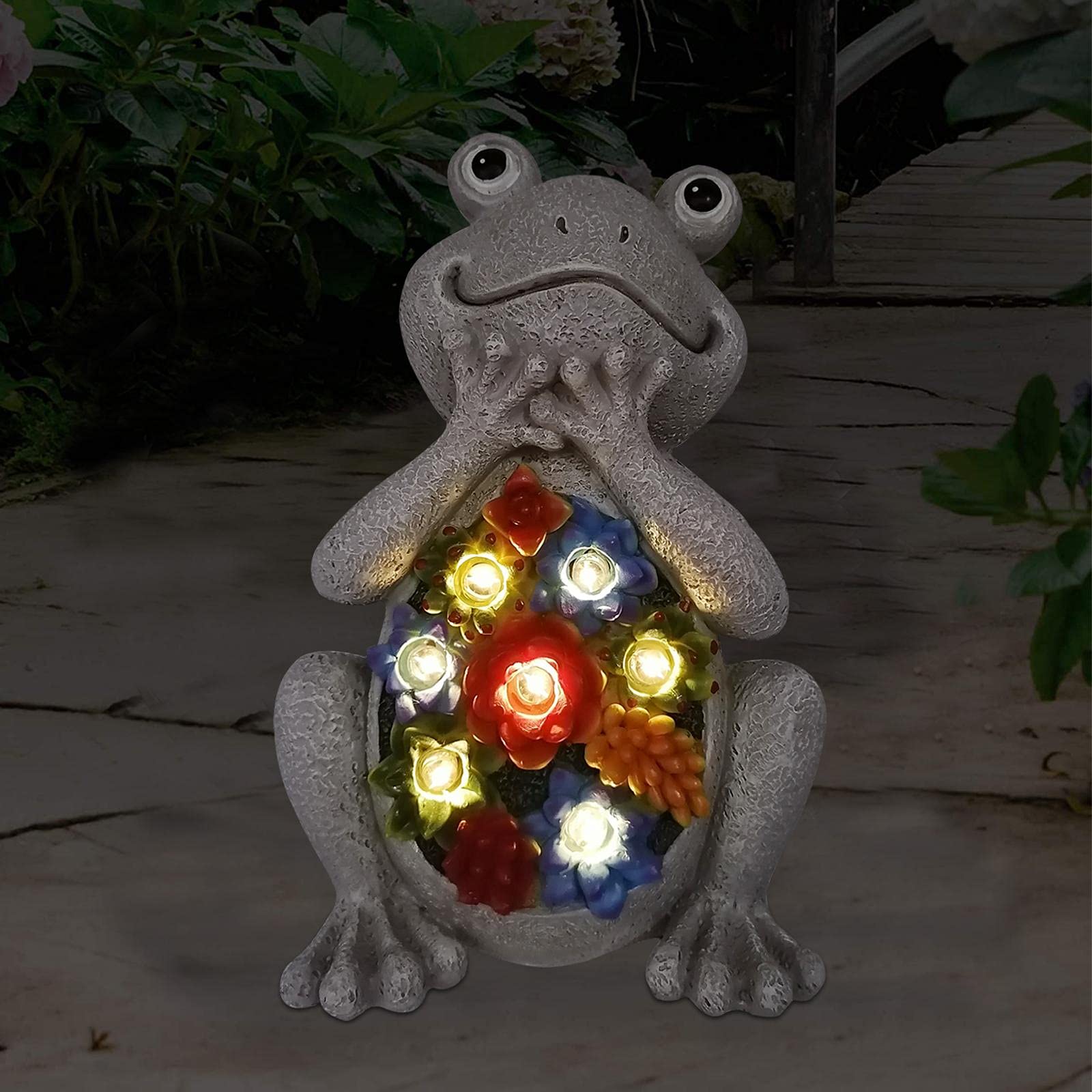 Goodeco Solar Garden Frog Statue Outdoor Ornament with succulent and 7 LED Lights - Home Lawn Decor Garden Frog figurine for Patio,Balcony,Yard,Lawn-Unique Housewarming Gift,20cm