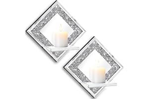 ZOLAPI Crystal Crush Diamond Wall Candle Holder Set of 2, Diamond Silver Mirrored Candle Sconces, Home Wall Decoration for Li
