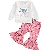 SAYOO Baby Birthday Girl Outfit Birthday Girl Embroidery Print Sweatshirt Top+Sweet Donut Flared Pant Fall Princess Clothes