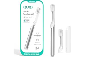 Quip Metal Sonic Electric Toothbrush for Adults - Time Travel & Soft Bristles with Travel Case & Replacement Brush Head - 3 Month Battery Life - Silver