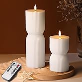 Girimax White Ribbed Flameless Pillar Candles with Remote, Real Wax Flickering Battery LED Candles Set of 2