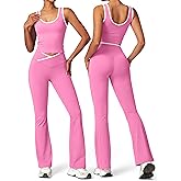 OLCHEE Womens Workout Sets 2 Piece Gym Yoga Outfits Crossover Flare Leggings Crop Tank Top with Contrast Trim