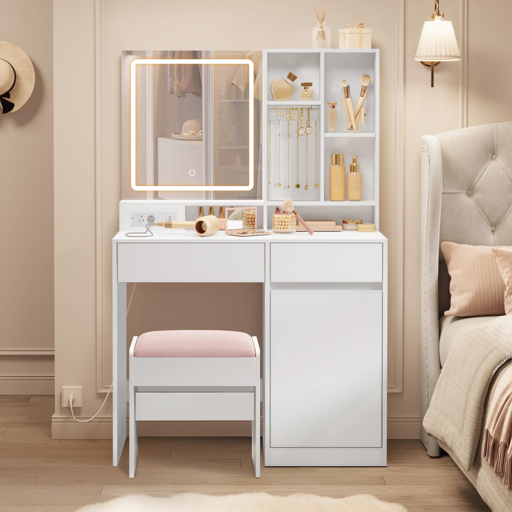 Photo 1 of ***Missing mirror***
VASAGLE KAILYN Collection - 35.4-Inch Wide Vanity Desk with Mirror and Lights, Power Outlets, Vanity Table Set with Stool, Jewelry Storage, Adjustable Shelves, for Bedroom, Cloud White URDT132W02