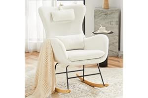 NIOIIKIT Nursery Rocking Chair, Teddy Upholstered Glider Rocker with Headrest and Lumbar Pillow, High Backrest Rocking Accent Chair with Side Pocket, Comfy Armchair for Living Room (Beige)