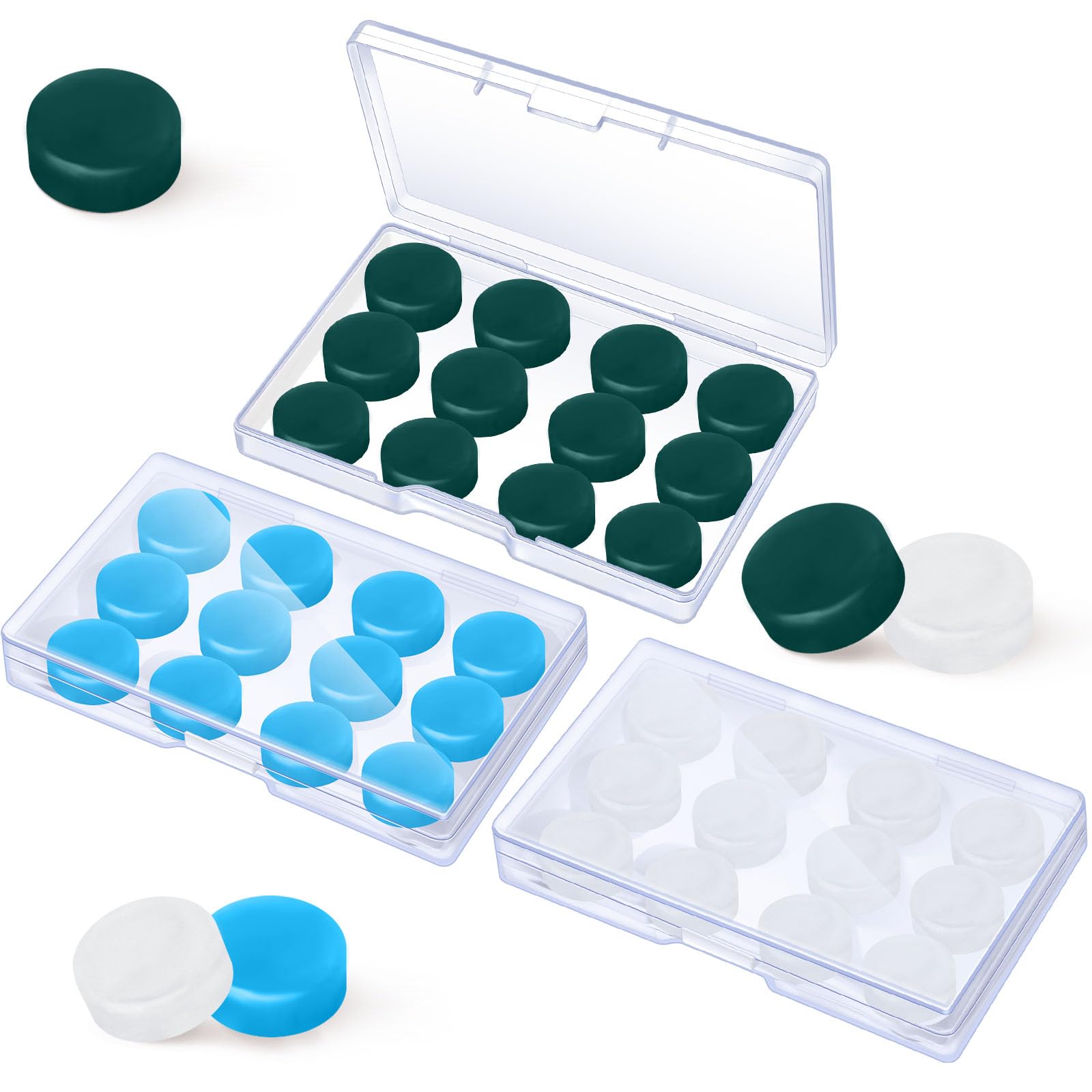 Photo 1 of Frienda 36 Pairs Ear Plugs for Sleeping Reusable Moldable Silicone Gel Wax Earplugs Waterproof Earplugs Noise Cancelling Ear Plugs for Adults Swimming Snoring Studying(White, Blue, Green)