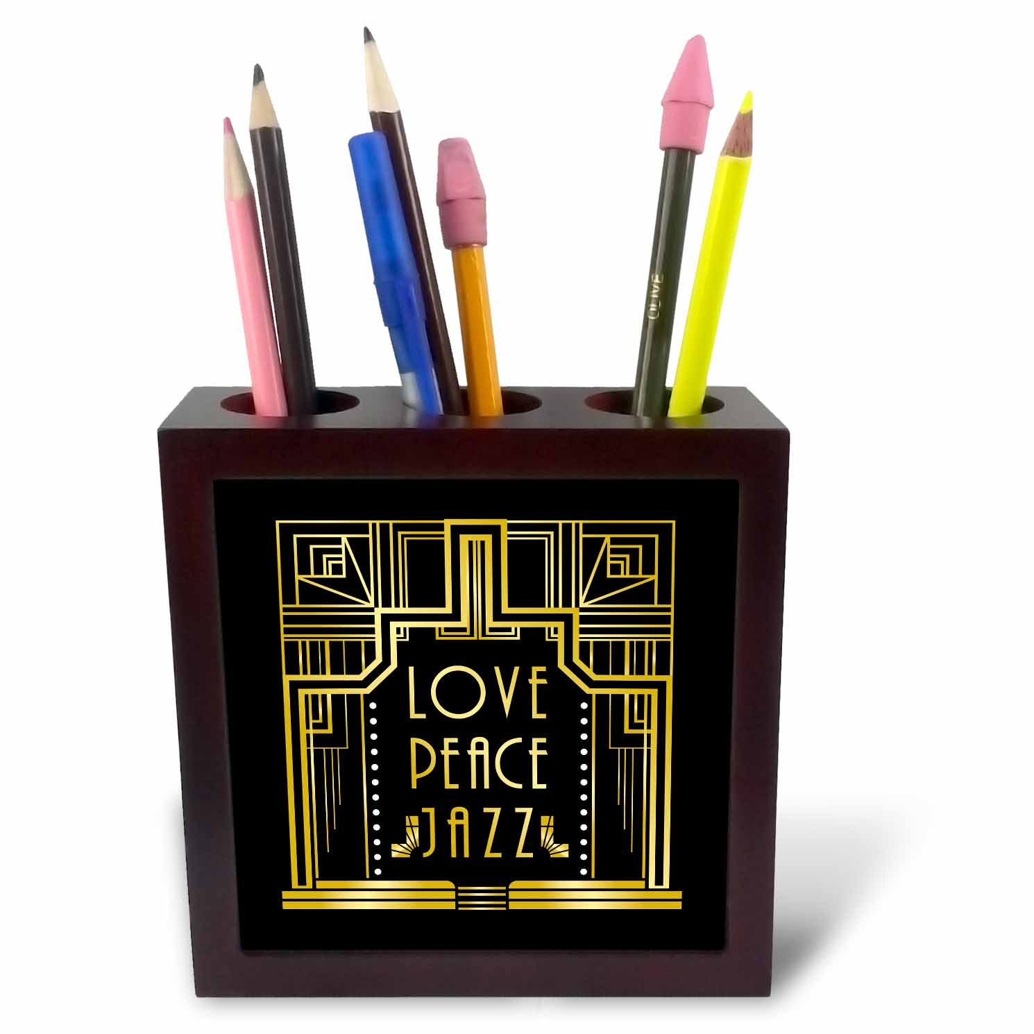 3dRose ph_241505_1 5-Inch "Art Deco Love Peace and Jazz Design" Tile Pen Holder - Gold