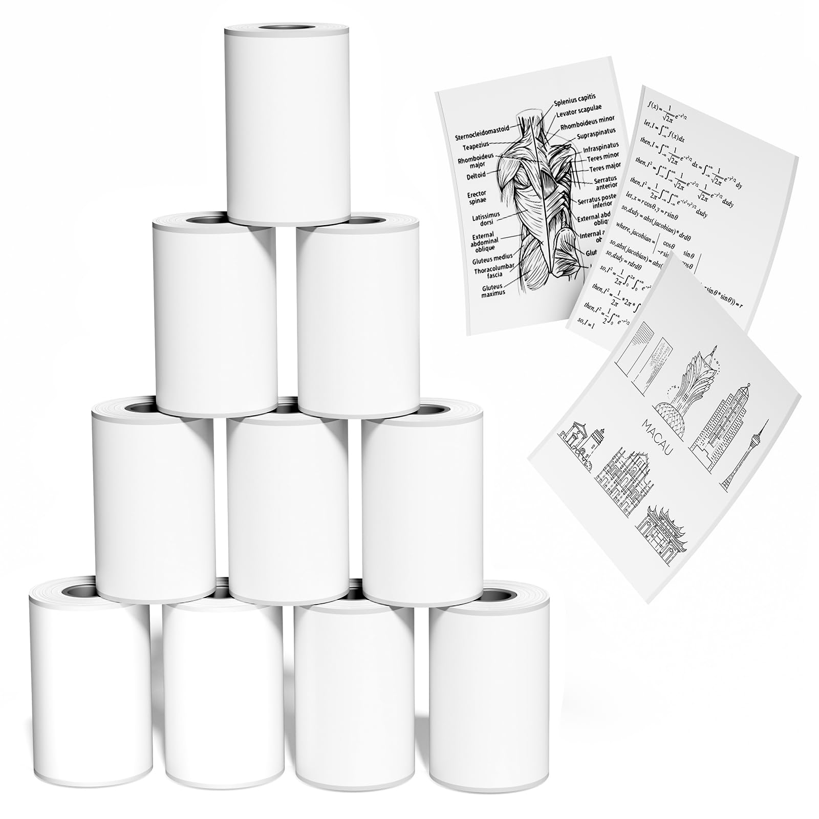 Photo 1 of 10 Rolls Mini Printer Sticker Paper White, Self-Adhesive Mini Printer Paper, 50mm*3.5m Thermal Paper Compatible with Mini Portable Pocket Printer for Notes Journal Memo Photo Study