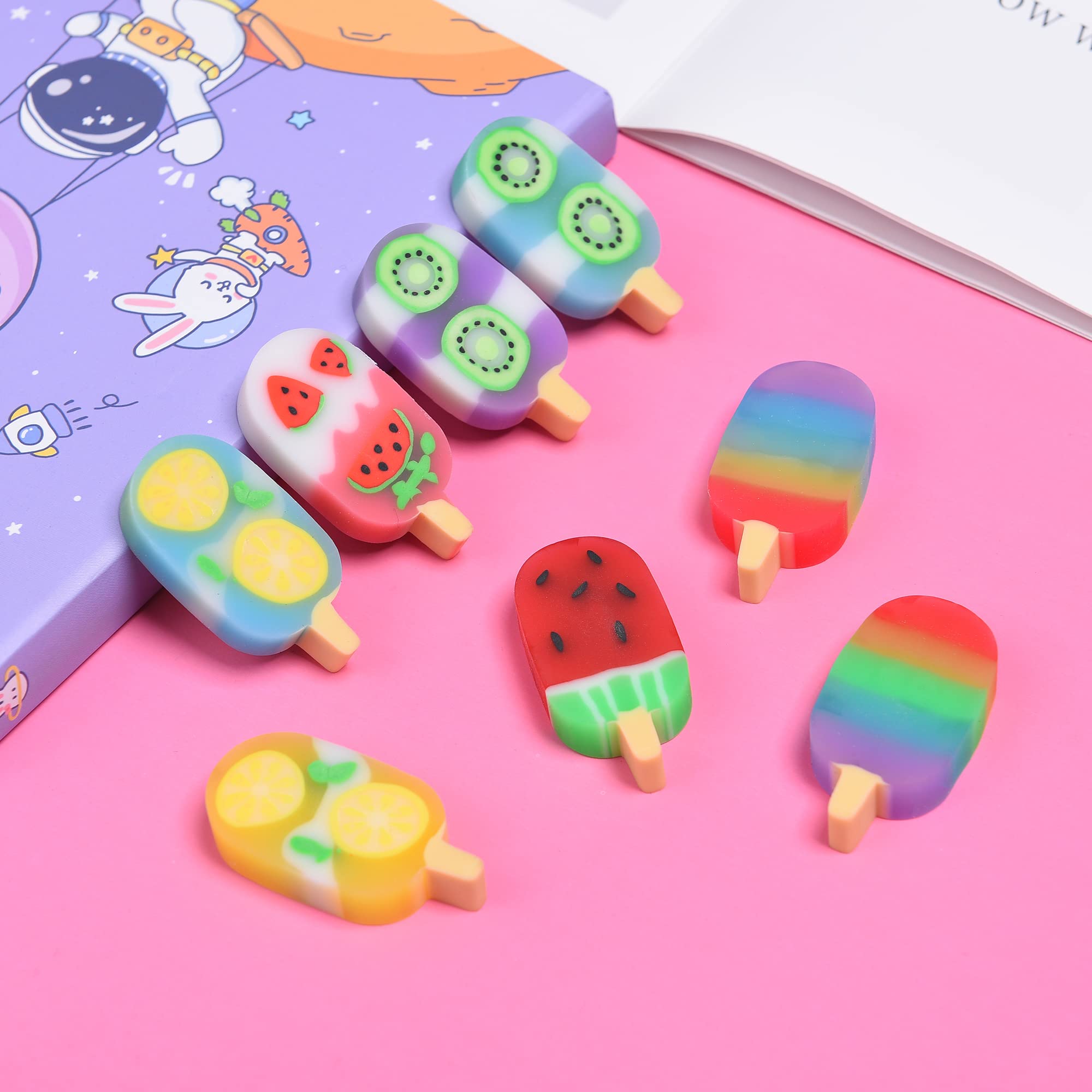 DOMG 16 Pcs Cute Fruit Shaped Ice Cream Erasers for Kids - Fun Food Erasers for Classroom Rewards & Party Favors