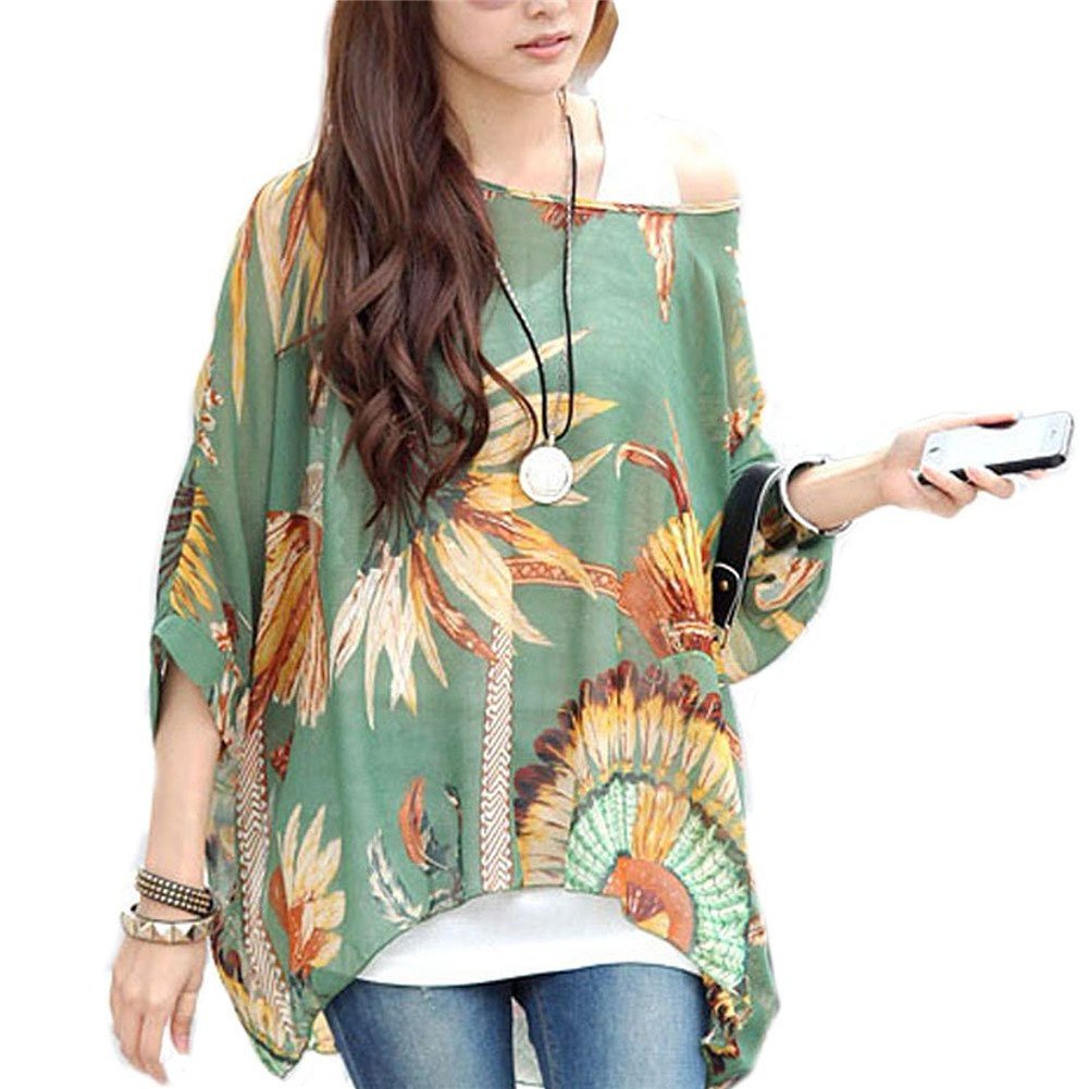 JLTPH Boho Chiffon Blouse Women Floral Oversized T-Shirt Batwing Dolman Sleeve Tops (color4)