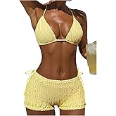 BEAUDRM Women's 3 Piece Swimsuit Textured Halter String Triangle Thong Bikini Sets with Cover Up Shorts