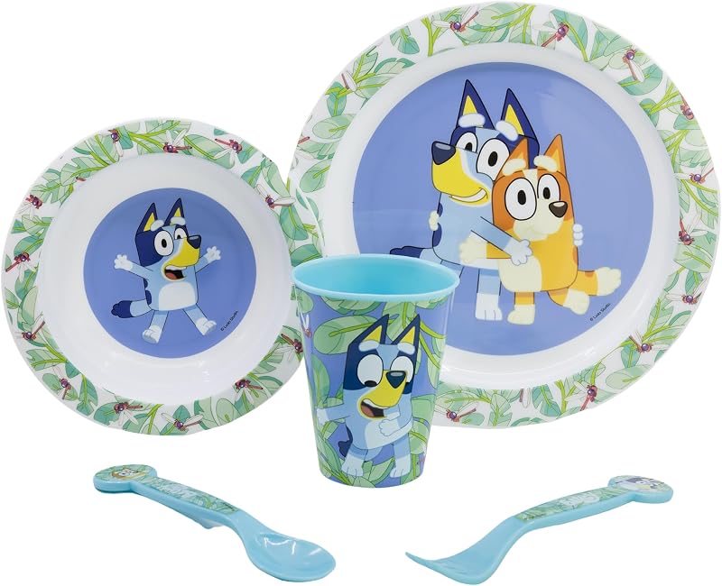CONJUNTO MICRO 5 PEÇAS (PRATO, TIGELA, VIDRO E TALHERES) NUMA CAIXA AZUL
